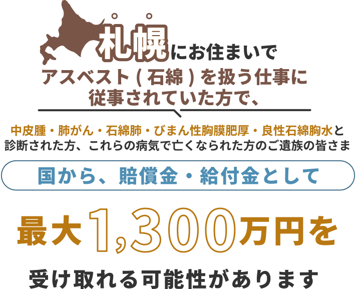 札幌にお住まいで、アスベスト(石綿)を扱う仕事に従事されていた方で中皮腫・肺がん・石綿肺・びまん性胸膜肥厚・良性石綿胸水と診断された方、これらの病気で亡くなられた方のご遺族の皆さま 国から、賠償金・給付金として 最大1,300万円を 受け取れる可能性があります